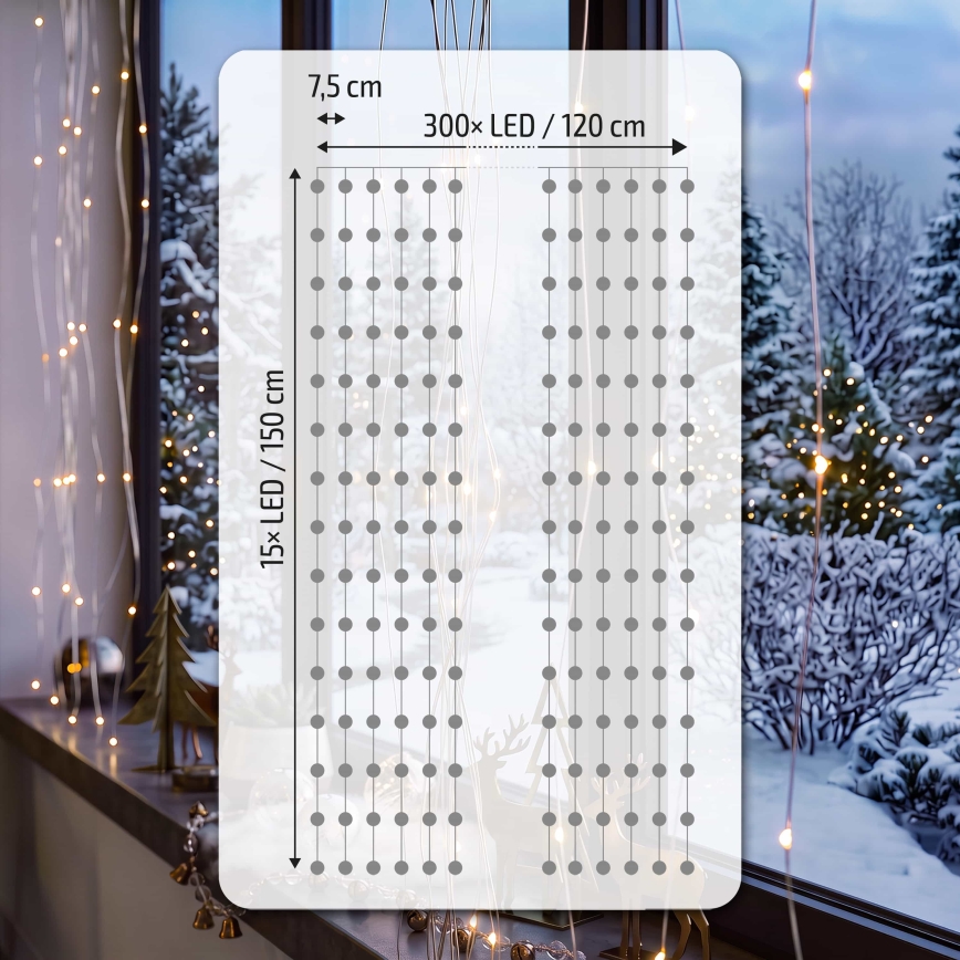 BRILAGI - LED karácsonyi fényfüggöny 300xLED/8 funkció/3xAA/USB 1,2 m meleg fehér