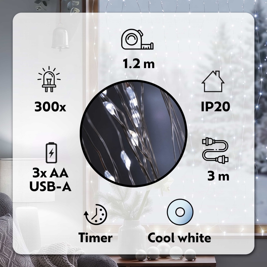 BRILAGI - LED Karácsonyi fényfüggöny 300xLED/8 funkció/3xAA/USB 1,2m hideg fehér