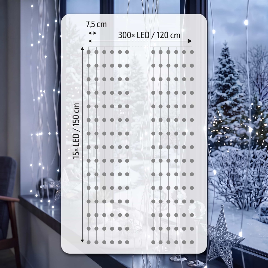 BRILAGI - LED Karácsonyi fényfüggöny 300xLED/8 funkció/3xAA/USB 1,2m hideg fehér