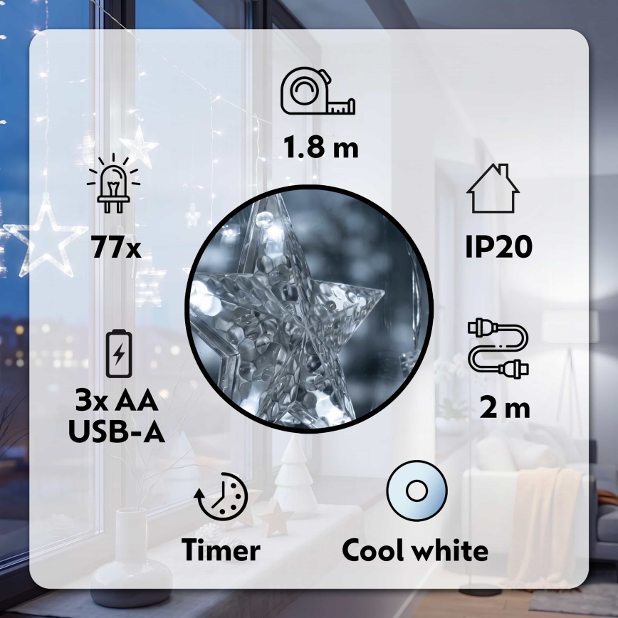 BRILAGI - LED Karácsonyi fényfüggöny 77xLED/3xAA/USB 1,8m hideg fehér