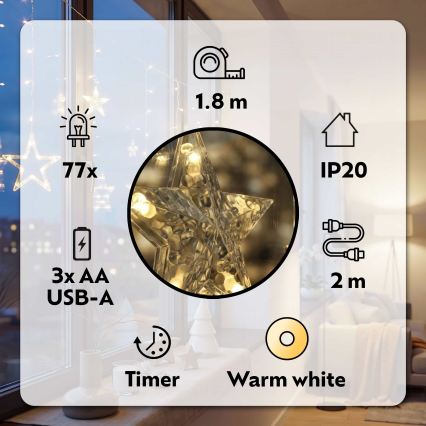BRILAGI - LED Karácsonyi fényfüggöny 77xLED/3xAA/USB 1,8m meleg fehér
