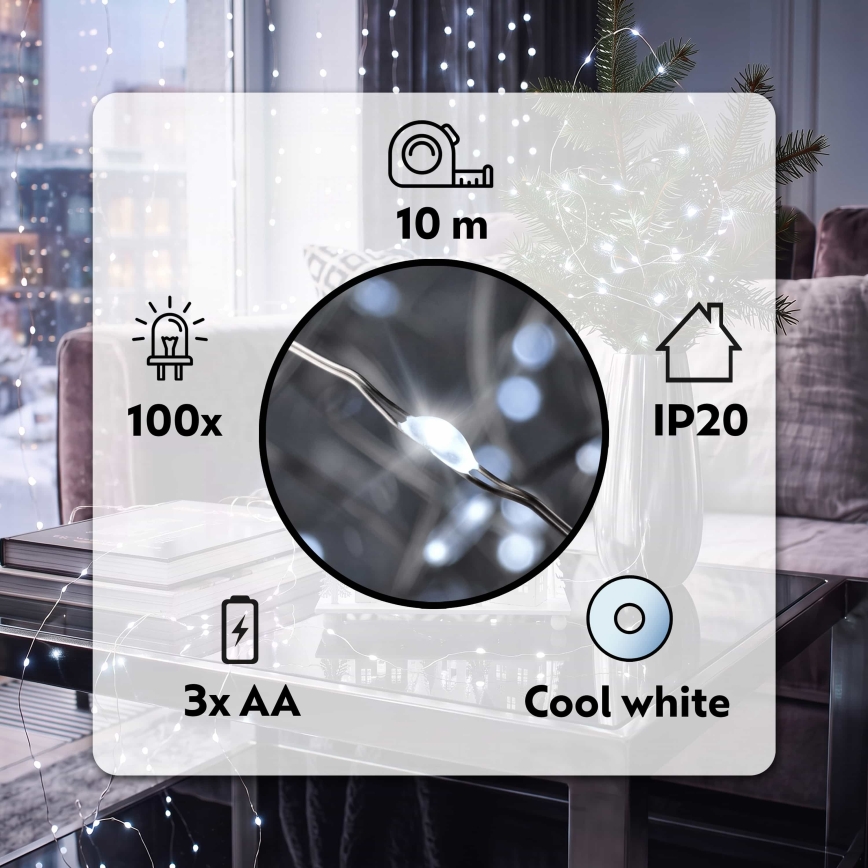 Brilagi - LED karácsonyi fényfüzér 100xLED/3xAA 10m hideg fehér