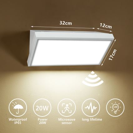 Brilagi - LED kültéri fali lámpa érzékelővel TRIANGLE LED/20W/230V fehér IP65