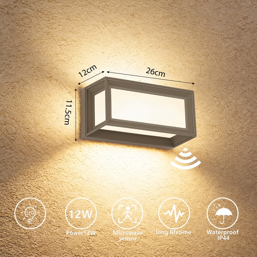 Brilagi - LED kültéri fali lámpatest érzékelővel PARKER LED/12W/230V szürke IP44