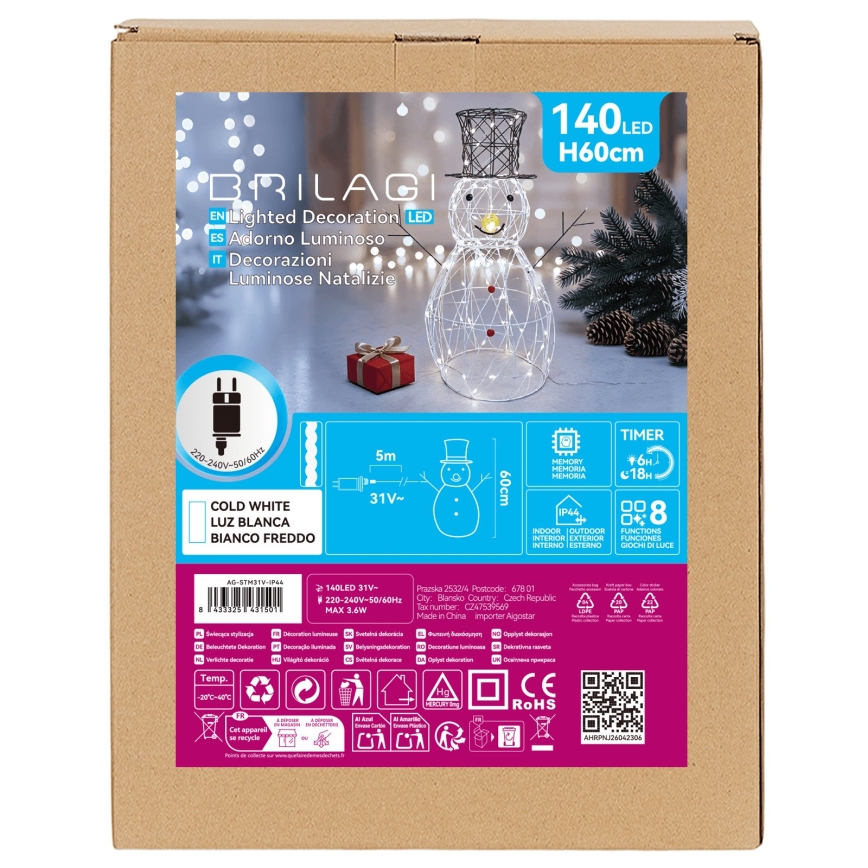 BRILAGI - LED kültéri karácsonyi dekoráció LED/3,6W/8 funkcióval, 60 cm, IP44, hóember, hideg fehér