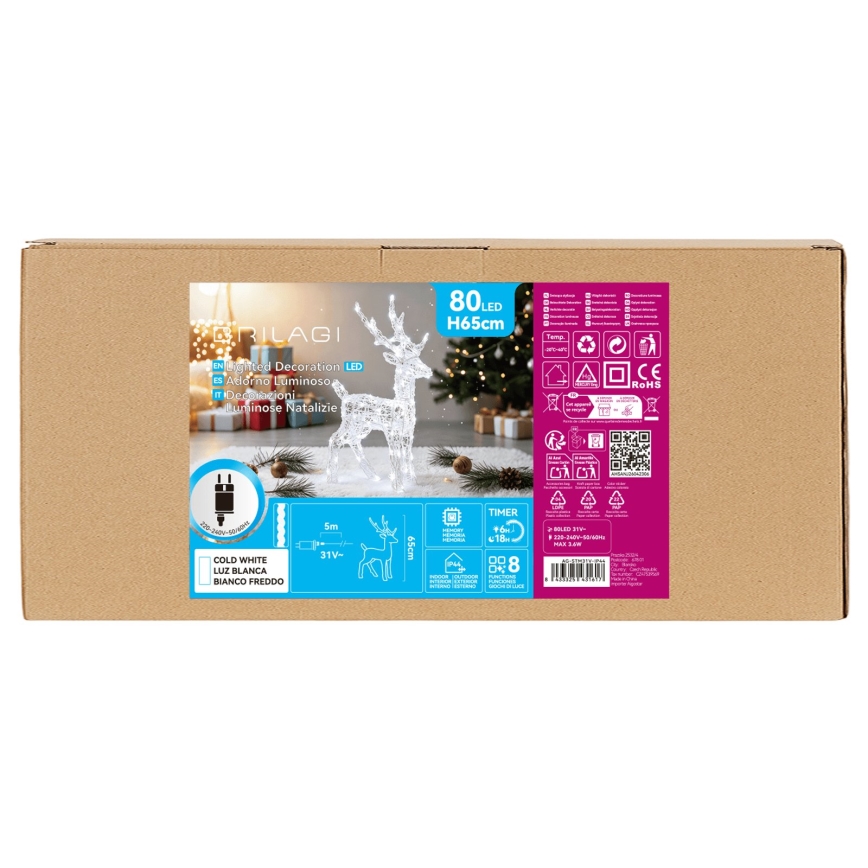 BRILAGI - LED kültéri karácsonyi dekoráció LED/3,6W/8 funkció IP44 65 cm rénszarvas hideg fehér