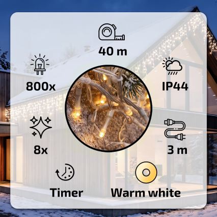 BRILAGI - LED kültéri karácsonyi fényfüzér 800 LED / 8 funkció, 43 m, IP44, meleg fehér, jégcsapok