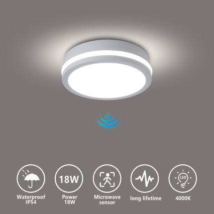 Brilagi - BENE LED kültéri mennyezeti lámpatest érzékelővel LED/18W/230V, átm. 21,5 cm, fehér, IP54