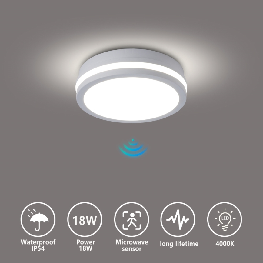 Brilagi - BENE LED kültéri mennyezeti lámpatest érzékelővel LED/18W/230V, átm. 21,5 cm, fehér, IP54