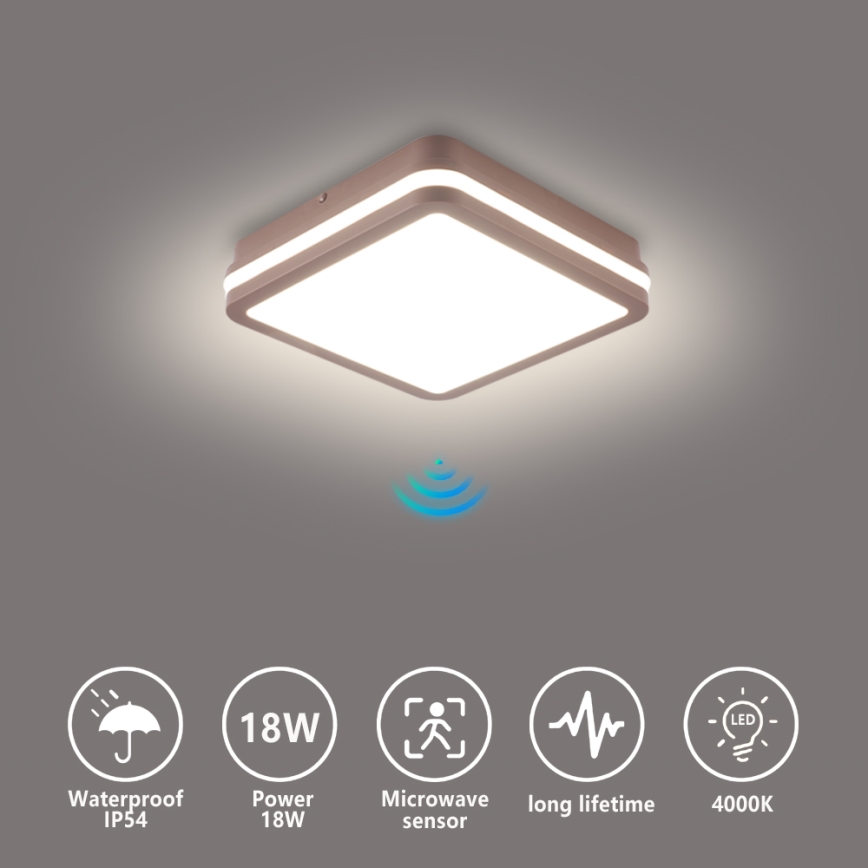 Brilagi - LED kültéri mennyezeti lámpatest érzékelővel BENE LED/18W/230V 21,5x21,5 cm barna IP54