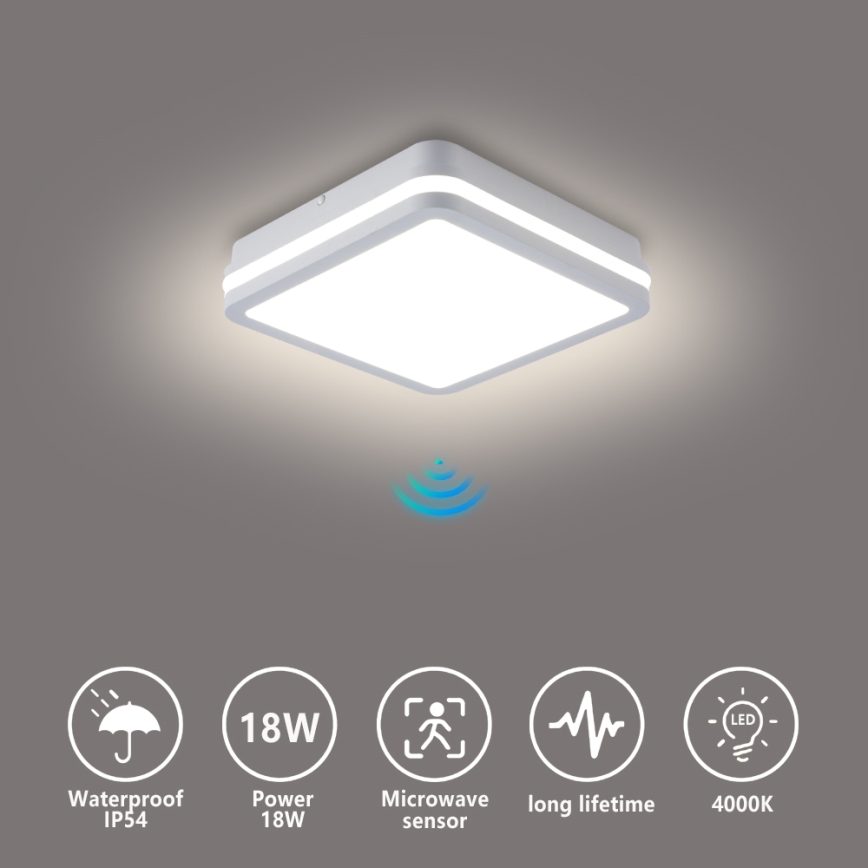 Brilagi - LED kültéri lámpatest érzékelővel BENE LED/18W/230V 22x22 cm fehér IP54