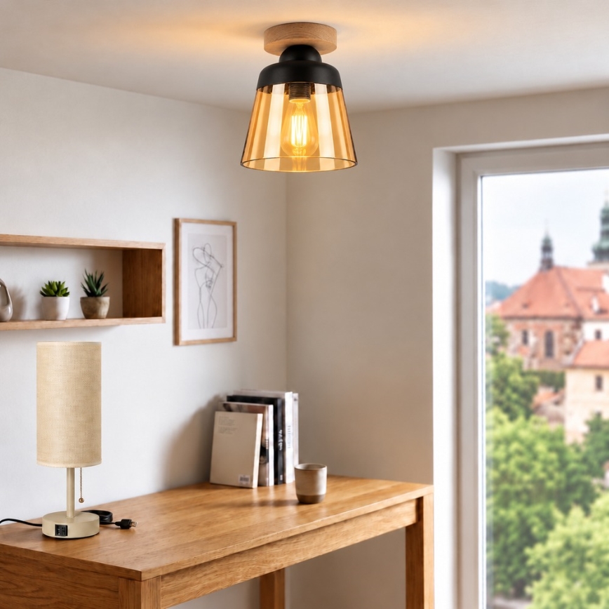 BRILAGI - LED mennyezeti lámpatest RETRO GLASS 1xE27/60W/230V átm. 15,5 cm tölgy/füstös bézs