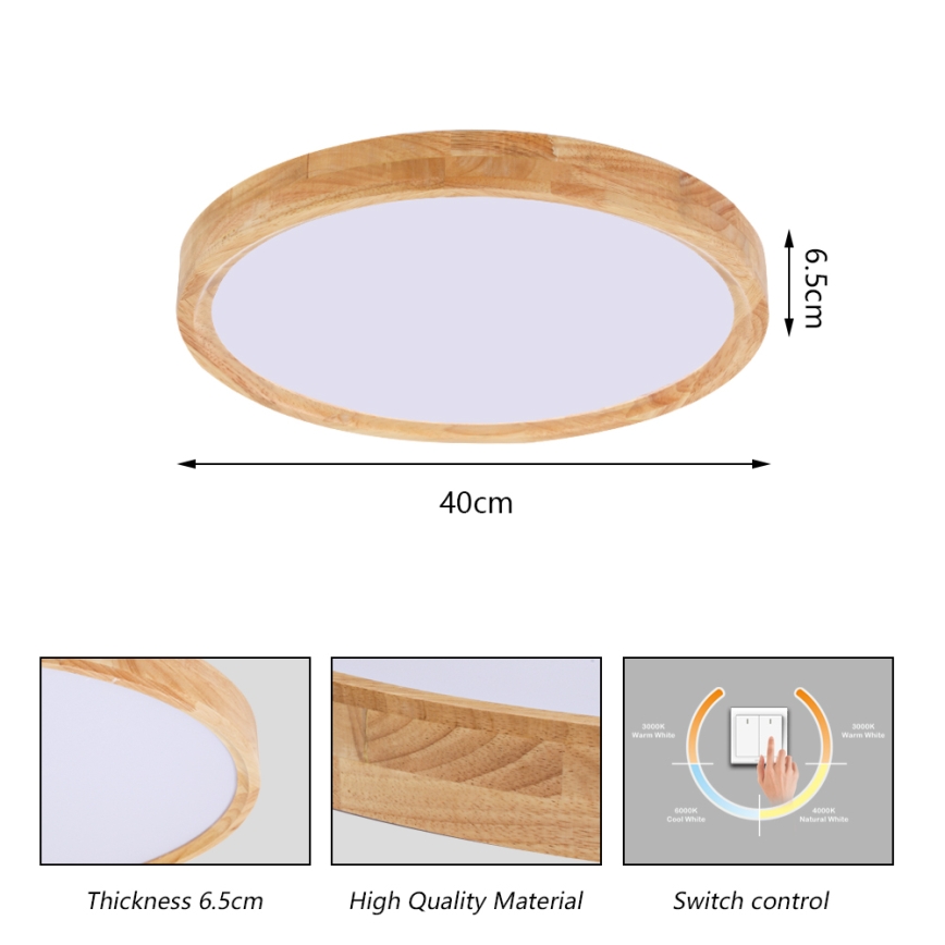 Brilagi - WOODROUND LED mennyezeti lámpatest, 30W/230V, választható 3000/4000/6000K, Ø 40 cm, fa, CRI 90