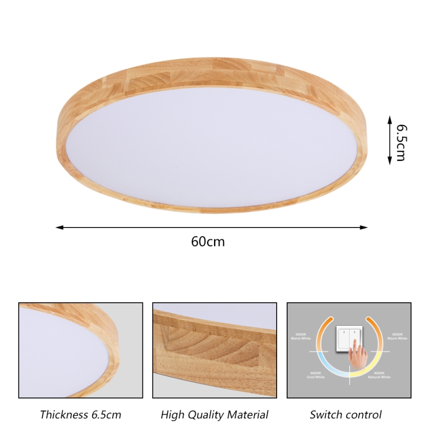 Brilagi - WOODROUND LED mennyezeti lámpa 40W/230V 3000/4000/6000K, átmérő 60 cm, fa kivitel, CRI 90