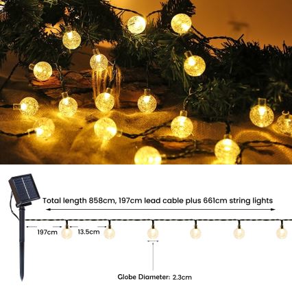 BRILAGI - LED napelemes dekorációs fényfüzér BUBBLE 200 LED/8 üzemmód 20 m IP65 meleg fehér 800 mAh