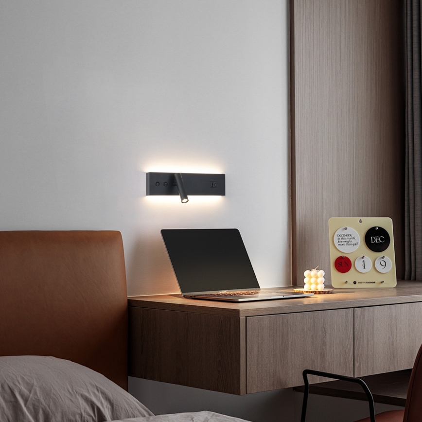 Brilagi - LED fali spotlámpa USB-porttal NOCTIS LED/3W/230V + LED/9W fekete