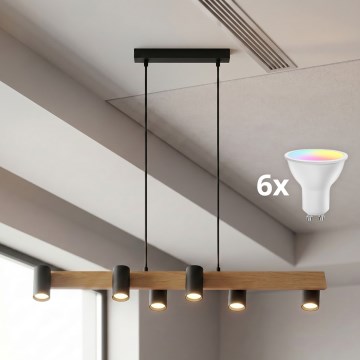 Brilagi - LED RGBW dimmelhető kábeles függeszték SELE 6xGU10/6,5W/230V 2700-6500K fekete/tölgy dekor + távirányító