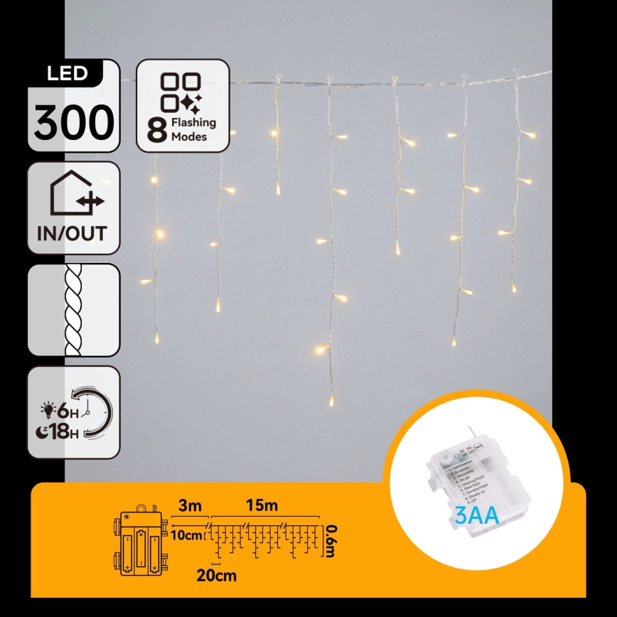 BRILAGI - LED kültéri karácsonyi fényfüzér 300xLED/3xAA/8 funkciós 18x0,6m IP44 meleg fehér