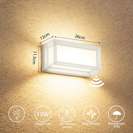 Brilagi - PARKER LED kültéri fali lámpa érzékelővel, 12W/230V, fehér, IP44