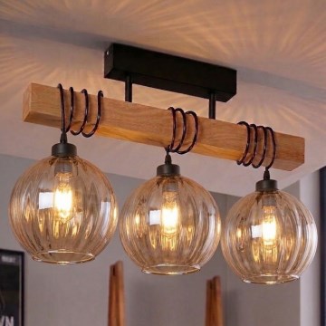 Brilagi - Plafonra szerelhető csillár WOOD GLASS 3xE27/60W/230V fenyő/fekete/füstös barna