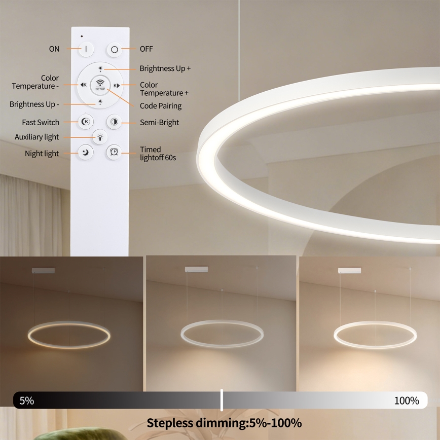 Brilagi - PORTOFINO LED dimmelhető kábelre függesztett csillár LED/60W/230V 3000-6000K átm. 80 cm fehér + távirányító