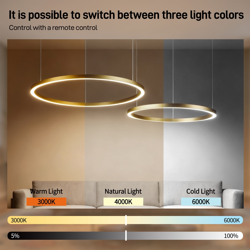 Brilagi - LED dimmelhető csillár kábelen PORTOFINO LED/98W/230V 3000–6000K arany + távirányító