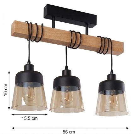 Brilagi - Felületre szerelhető WOOD GLASS csillár 3xE27/60W/230V fenyő/fekete/füstös barna