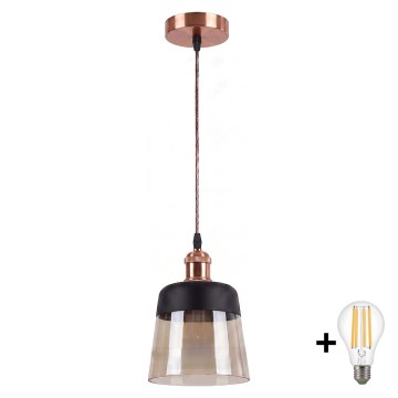 Brilagi - RETRO GLASS LED függőlámpa kábelen 1xE27/60W/230V, átm. 15,5 cm, réz/füstös bézs/fekete