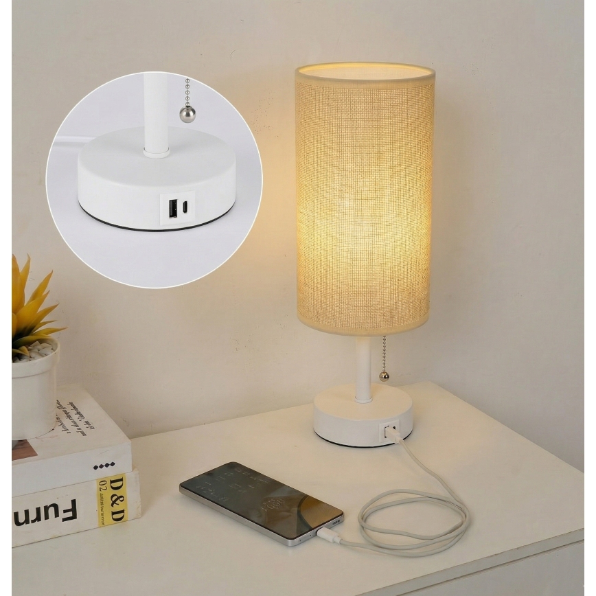 Brilagi - TABLON asztali lámpa USB-porttal, 1x E27/25W/230V, fehér/bézs