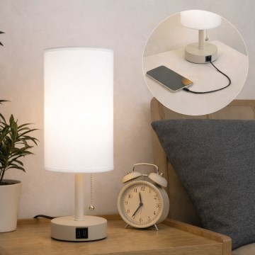 Brilagi - TABLON asztali lámpa USB-porttal, 1xE27/25W/230V, bézs/fehér