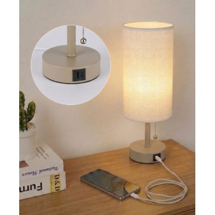 Brilagi - TABLON asztali lámpa USB-porttal, 1xE27/25W/230V, bézs/fehér
