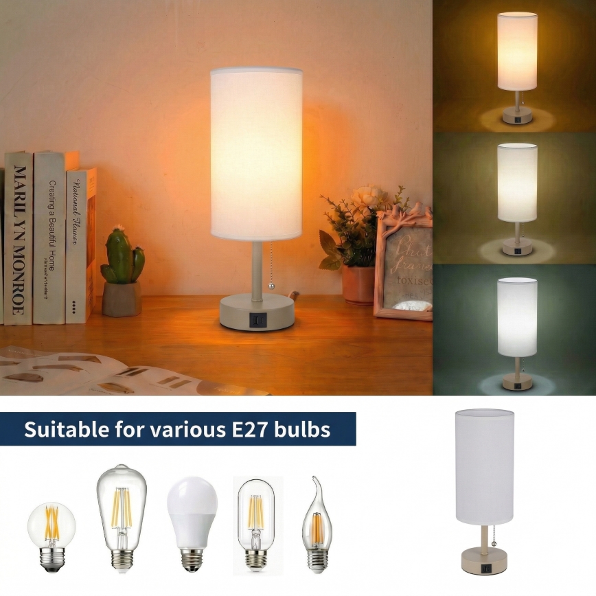 Brilagi - TABLON asztali lámpa USB-porttal, 1xE27/25W/230V, bézs/fehér