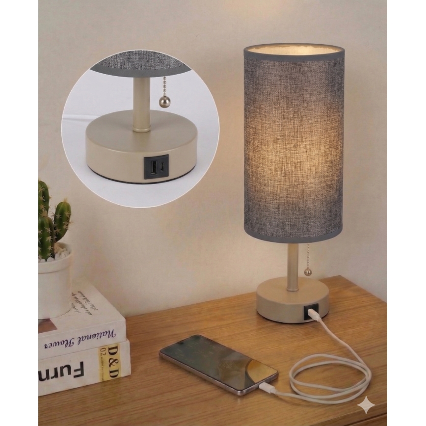 Brilagi - TABLON asztali lámpa USB-porttal 1xE27/25W/230V bézs/szürke