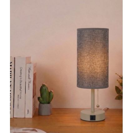 Brilagi - TABLON asztali lámpa USB-porttal 1xE27/25W/230V bézs/szürke