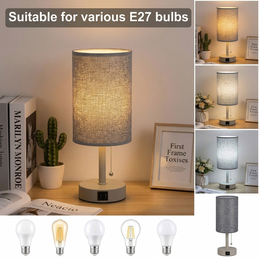 Brilagi - TABLON asztali lámpa USB-porttal 1xE27/25W/230V bézs/szürke