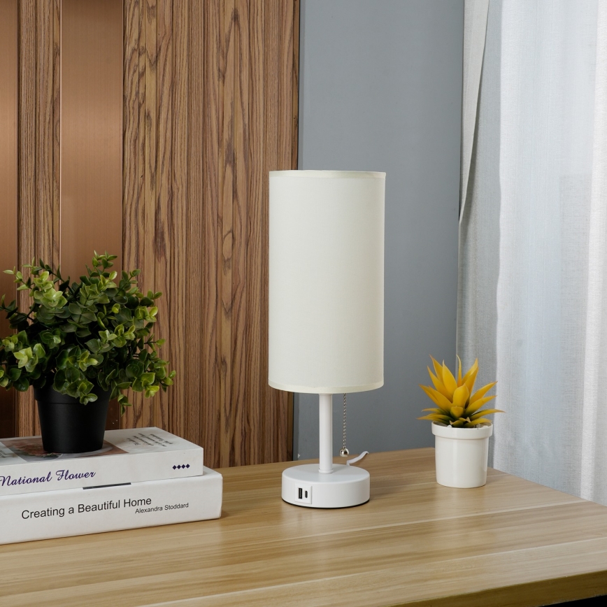 Brilagi - TABLON asztali lámpa USB-porttal 1xE27/25W/230V fehér/krémszínű