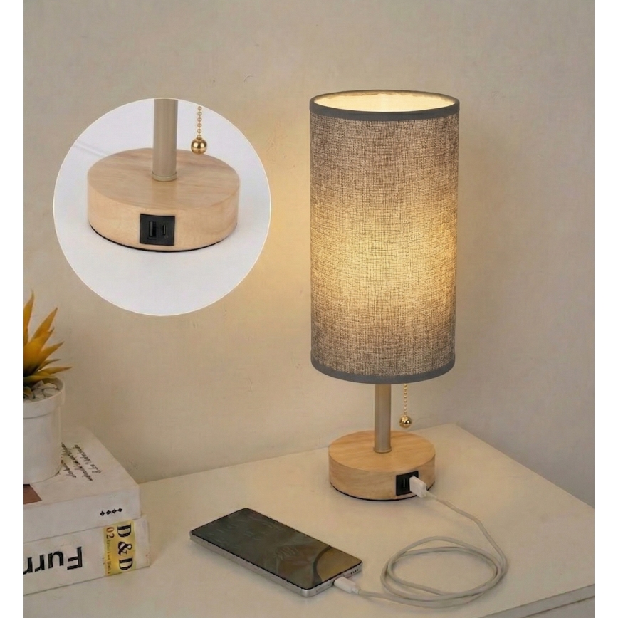 Brilagi - TABLON asztali lámpa USB-porttal 1xE27/25W/230V tölgy/bézs/szürke