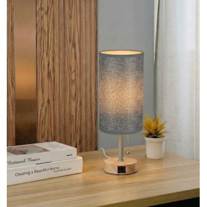 Brilagi - TABLON asztali lámpa USB-porttal 1xE27/25W/230V tölgy/bézs/szürke