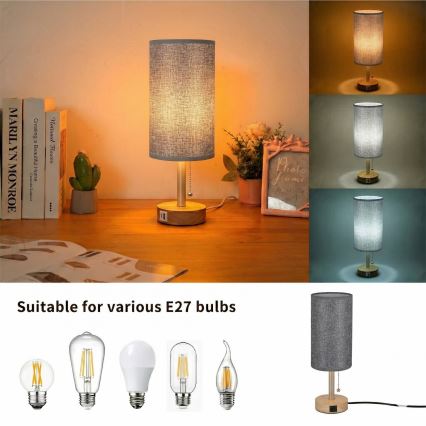Brilagi - TABLON asztali lámpa USB-porttal 1xE27/25W/230V tölgy/bézs/szürke