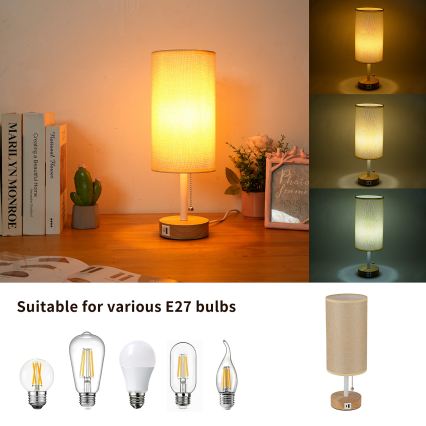 Brilagi - TABLON asztali lámpa USB-porttal 1xE27/25W/230V tölgy/fehér/bézs