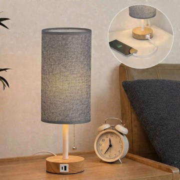 Brilagi - TABLON asztali lámpa USB-porttal 1xE27/25W/230V tölgy/fehér/szürke