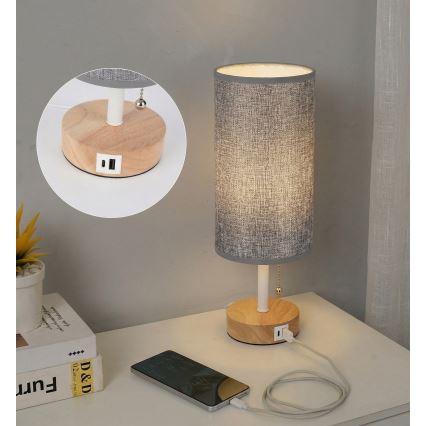 Brilagi - TABLON asztali lámpa USB-porttal 1xE27/25W/230V tölgy/fehér/szürke