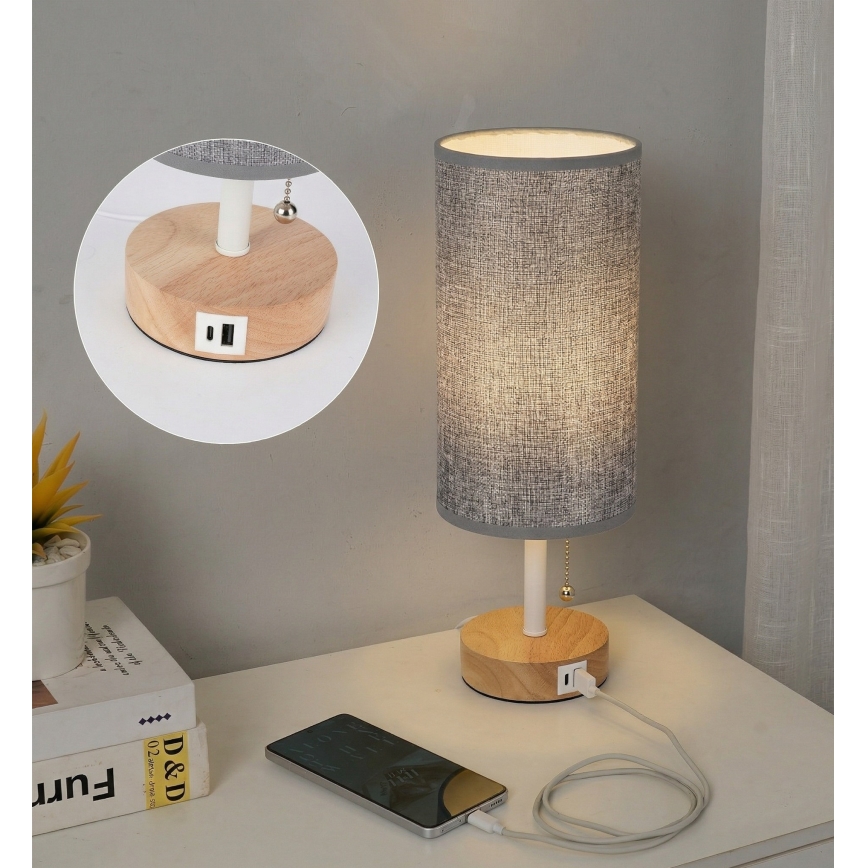 Brilagi - TABLON asztali lámpa USB-porttal 1xE27/25W/230V tölgy/fehér/szürke