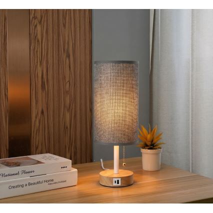 Brilagi - TABLON asztali lámpa USB-porttal 1xE27/25W/230V tölgy/fehér/szürke
