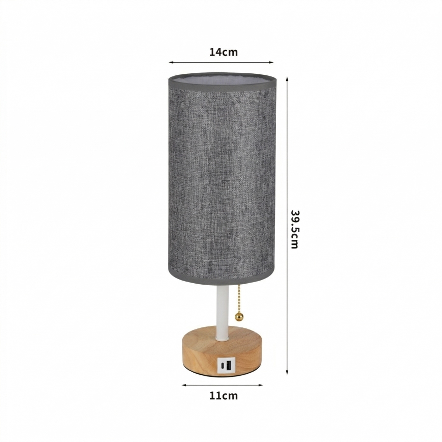 Brilagi - TABLON asztali lámpa USB-porttal 1xE27/25W/230V tölgy/fehér/szürke