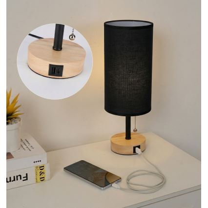 Brilagi - TABLON asztali lámpa USB-porttal, 1xE27/25W/230V, tölgy/fekete