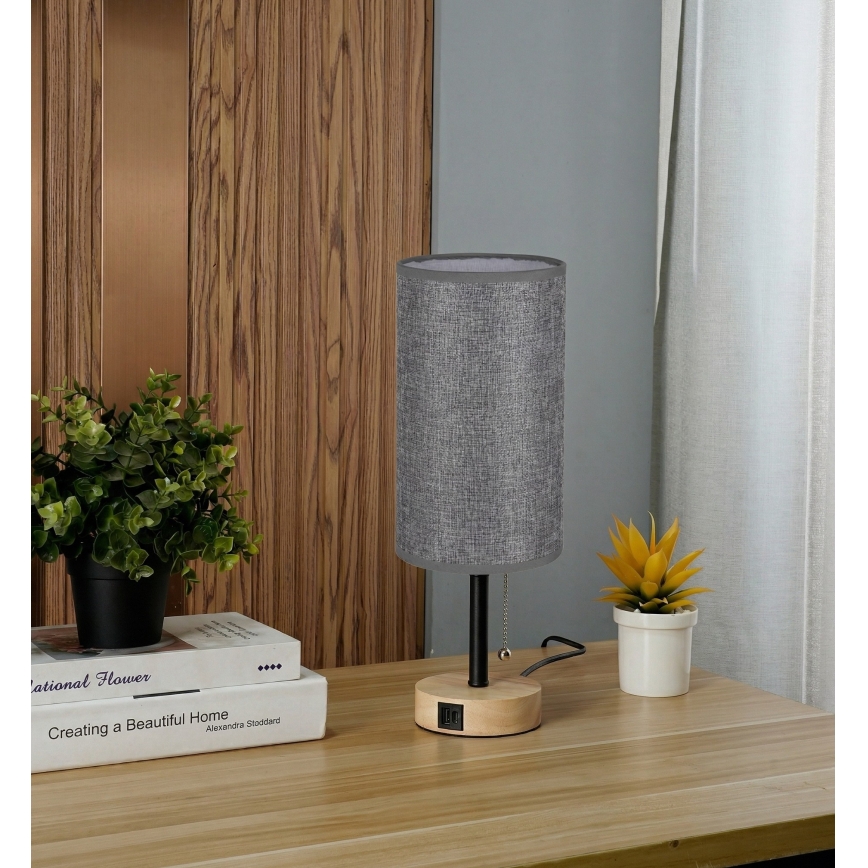 Brilagi - TABLON asztali lámpa USB-porttal 1xE27/25W/230V tölgy/fekete/szürke
