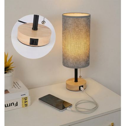 Brilagi - TABLON asztali lámpa USB-porttal 1xE27/25W/230V tölgy/fekete/szürke