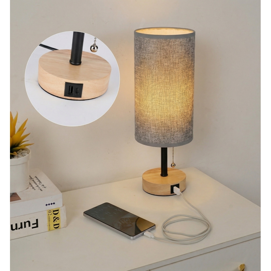 Brilagi - TABLON asztali lámpa USB-porttal 1xE27/25W/230V tölgy/fekete/szürke