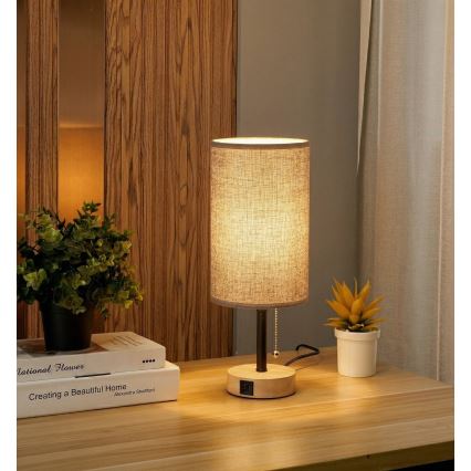 Brilagi - TABLON asztali lámpa USB-porttal 1xE27/25W/230V tölgy/fekete/szürke